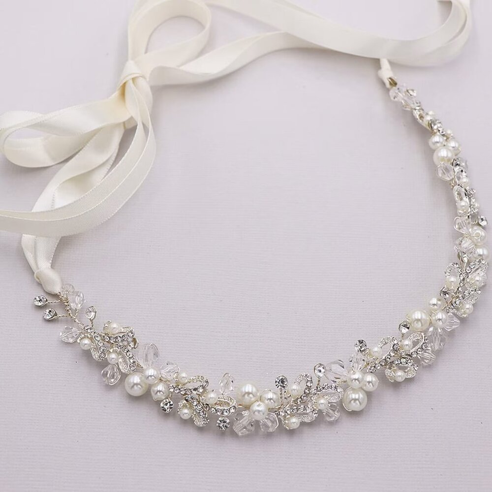 Crystal Hair Vine wedding headband with ribbons